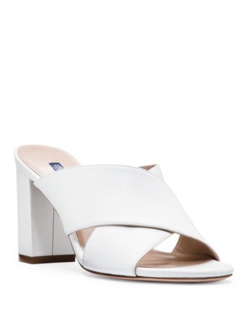 Stuart Weitzman White Leather Crossover Block Heel Mule Sandal